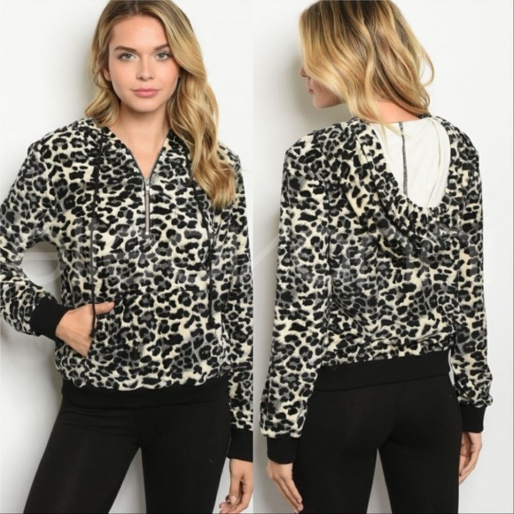 CREAM BLACK ANIMAL PRINT HOODIE - Sz S